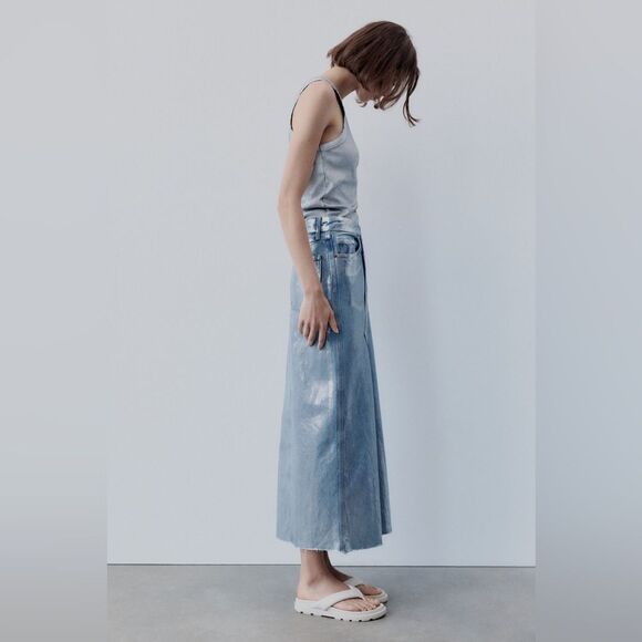 ZARA TRF METALLIC DENIM ASYMMETRIC SKIRT NWT - Picture 4 of 16